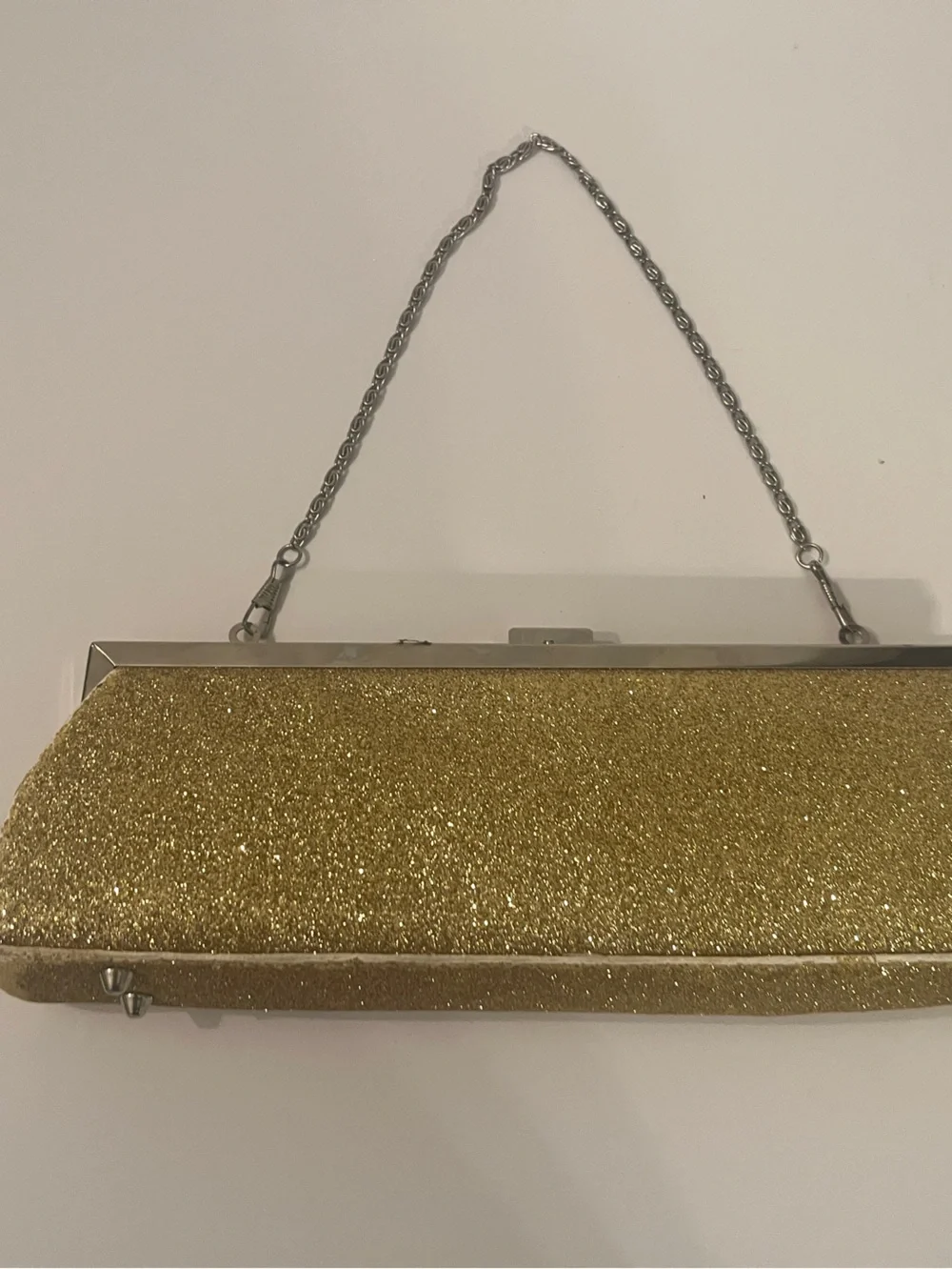 Gold Glitter Evening Bag Clutch Silver Chain Strap Formal Party Purse
